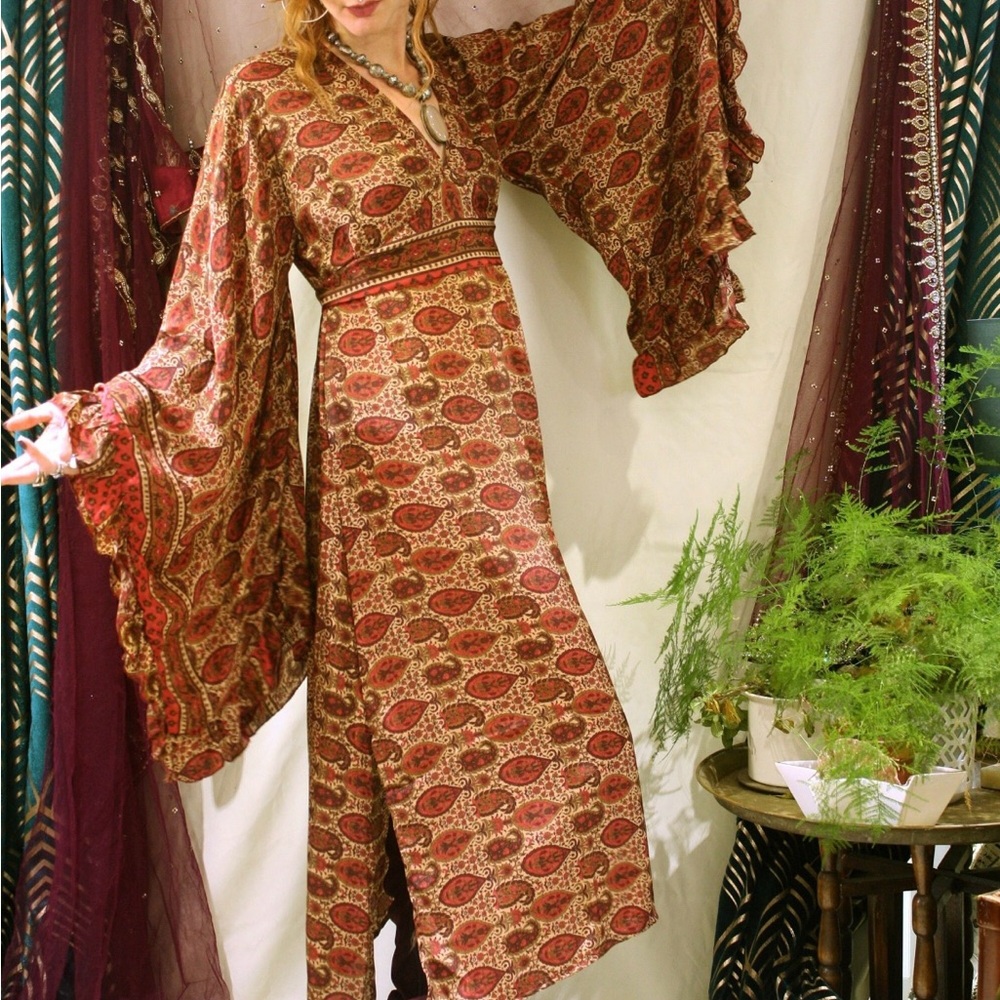 NWT Boho 70's Maxi Silk Flared Sleeve Dress Vintage Style Stevie Nicks Dress